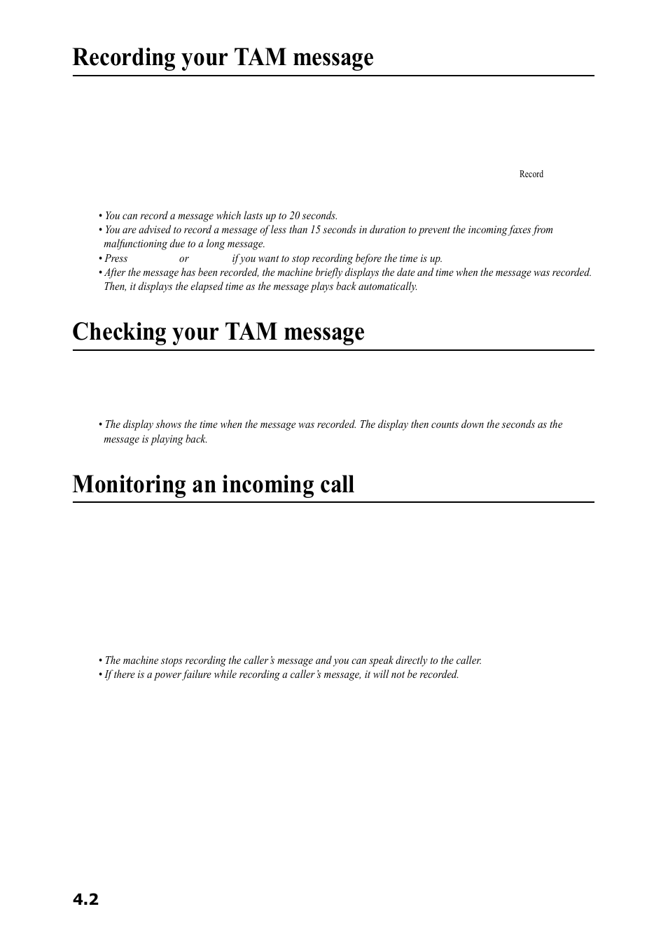Recording your tam message, Checking your tam message, Monitoring an incoming call | Samsung SF-360 Series User Manual | Page 27 / 84