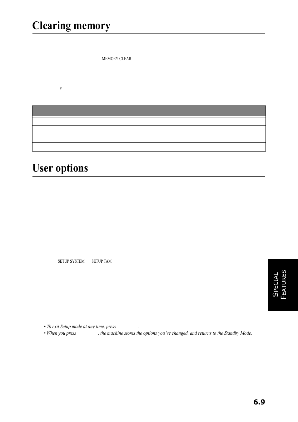 Clearing memory, User options, Setting system/tam options | Samsung SF-360 Series User Manual | Page 46 / 84