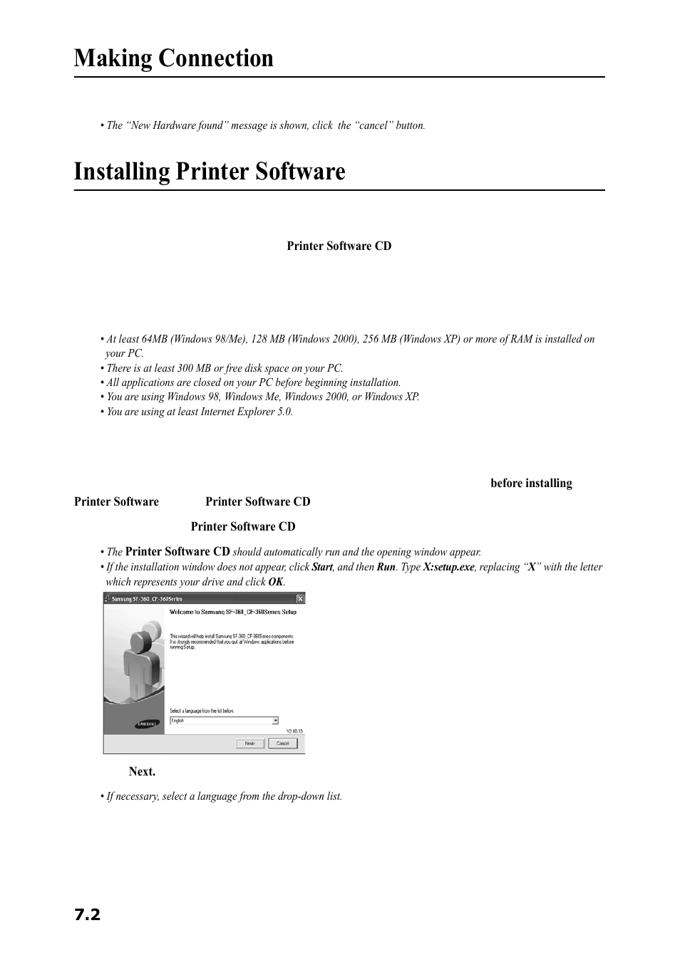 Making connection, Installing printer software, System requirements | Samsung SF-360 Series User Manual | Page 51 / 84