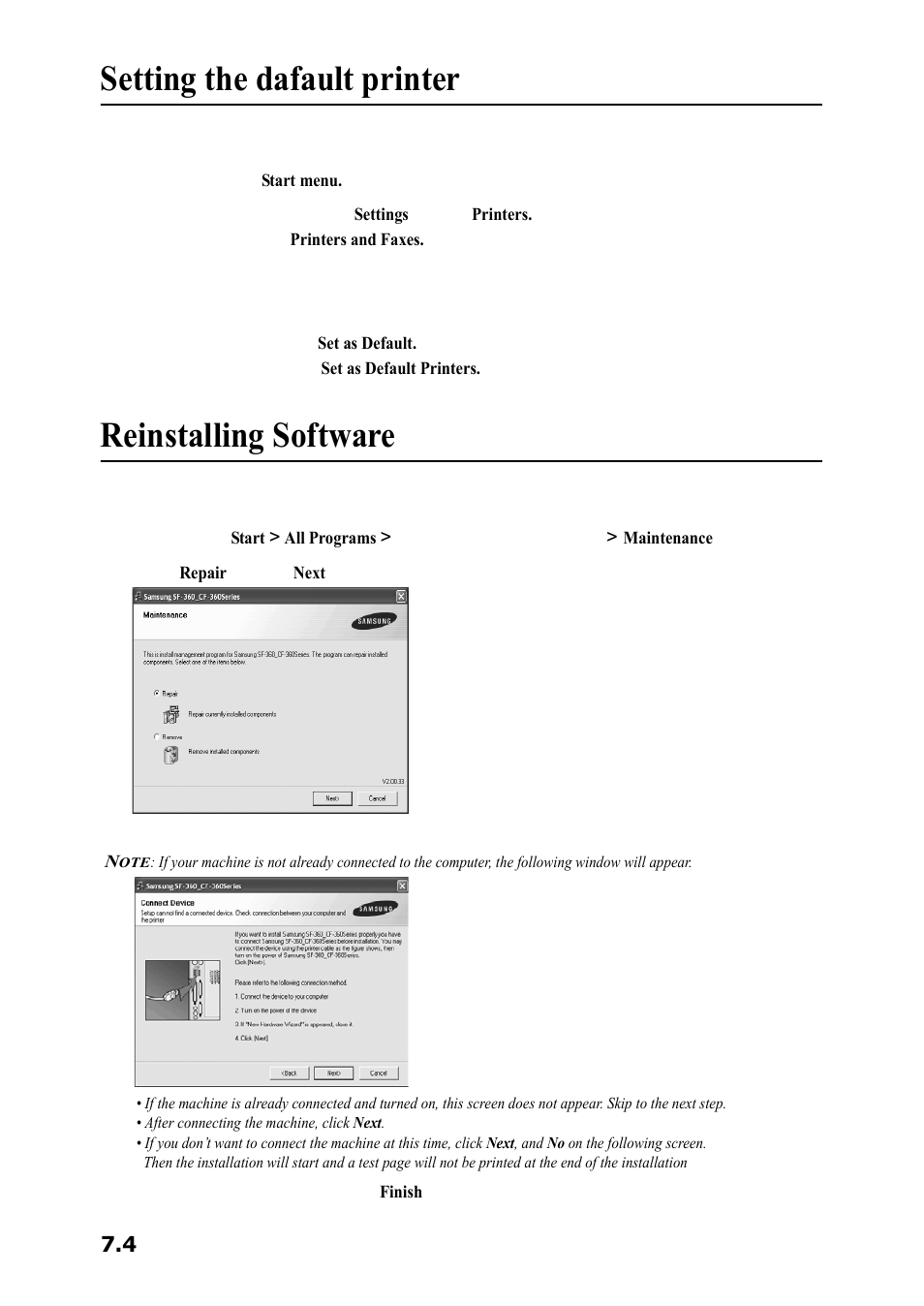 Setting the dafault printer, Reinstalling software | Samsung SF-360 Series User Manual | Page 53 / 84