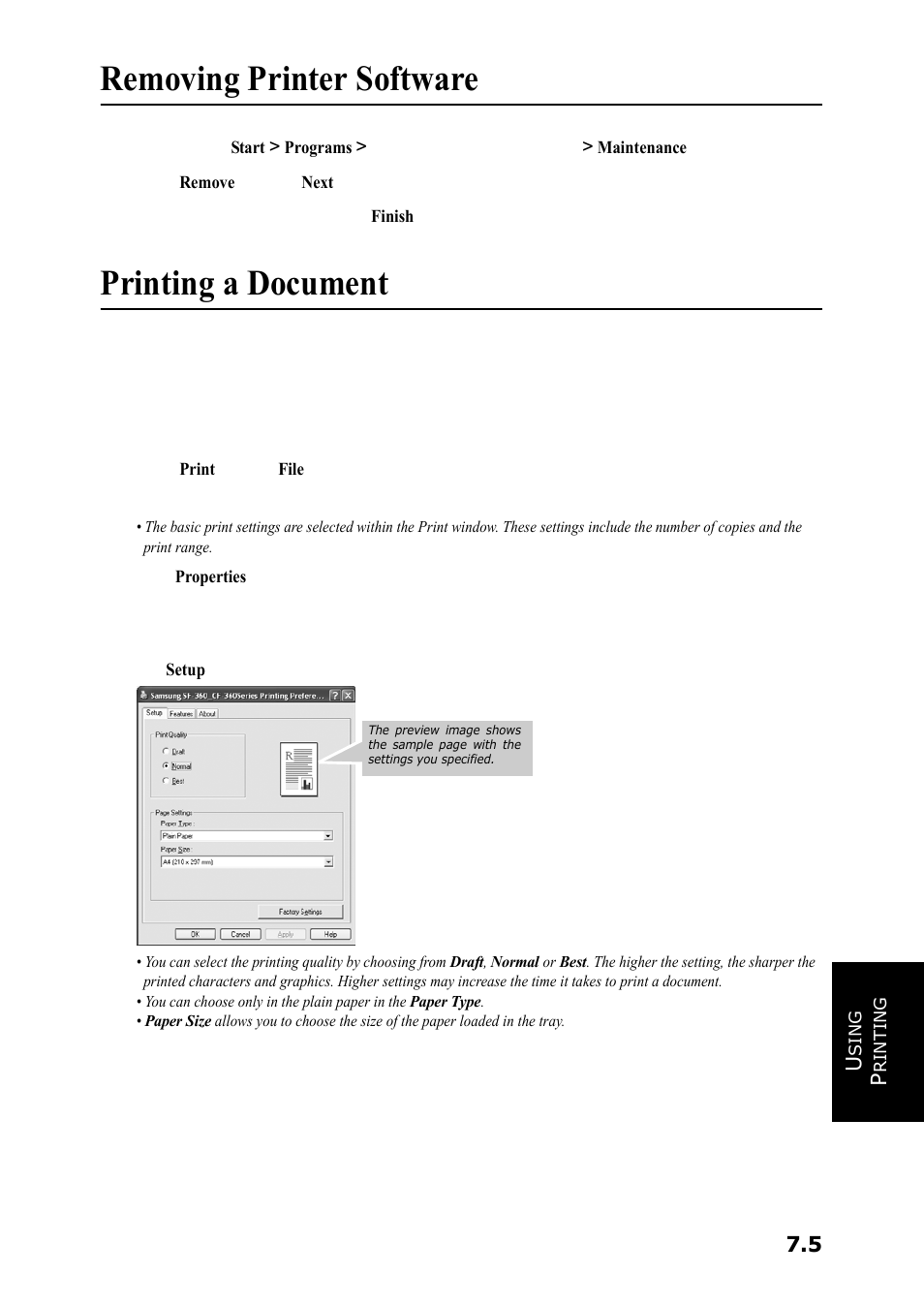 Removing printer software, Printing a document, Removing printer software printing a document | Samsung SF-360 Series User Manual | Page 54 / 84