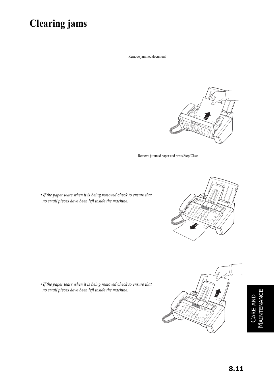 Clearing jams, Document jams during transmission, Paper jams during printing | 11 c | Samsung SF-360 Series User Manual | Page 68 / 84