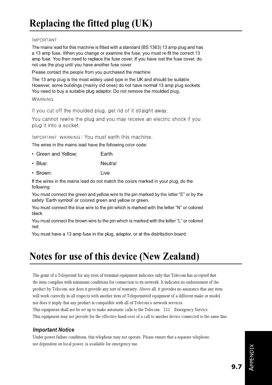 Replacing the fitted plug (uk), Notes for use of this device (new zealand) | Samsung SF-360 Series User Manual | Page 76 / 84