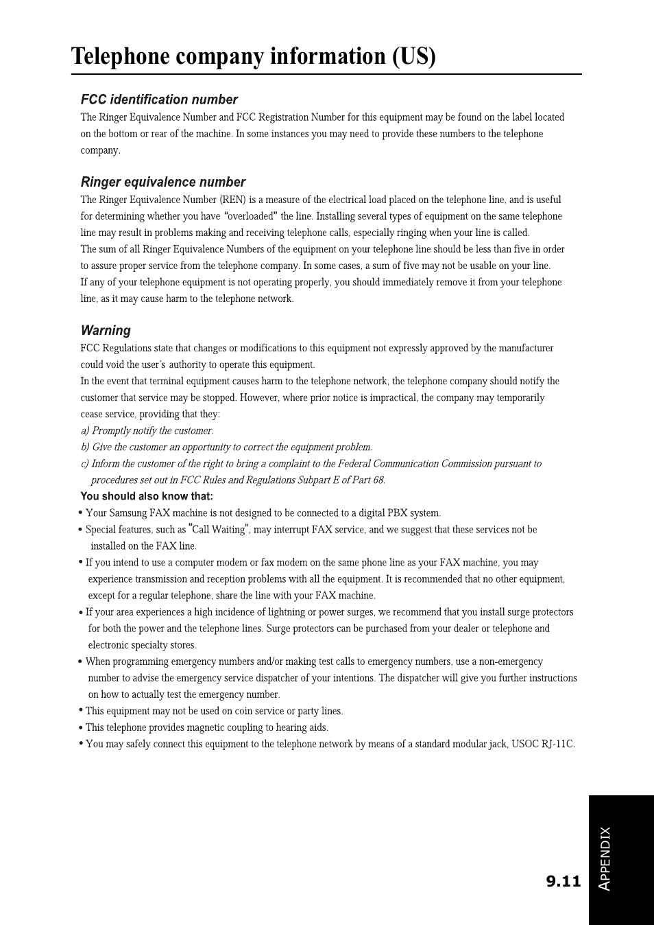 Telephone company information (us) | Samsung SF-360 Series User Manual | Page 80 / 84