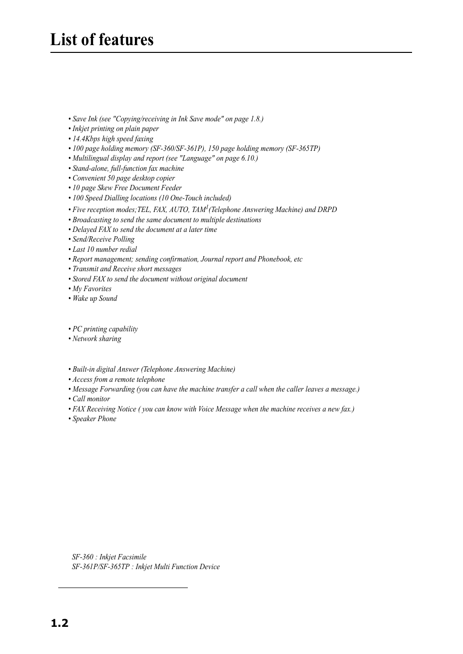 List of features | Samsung SF-360 Series User Manual | Page 9 / 84