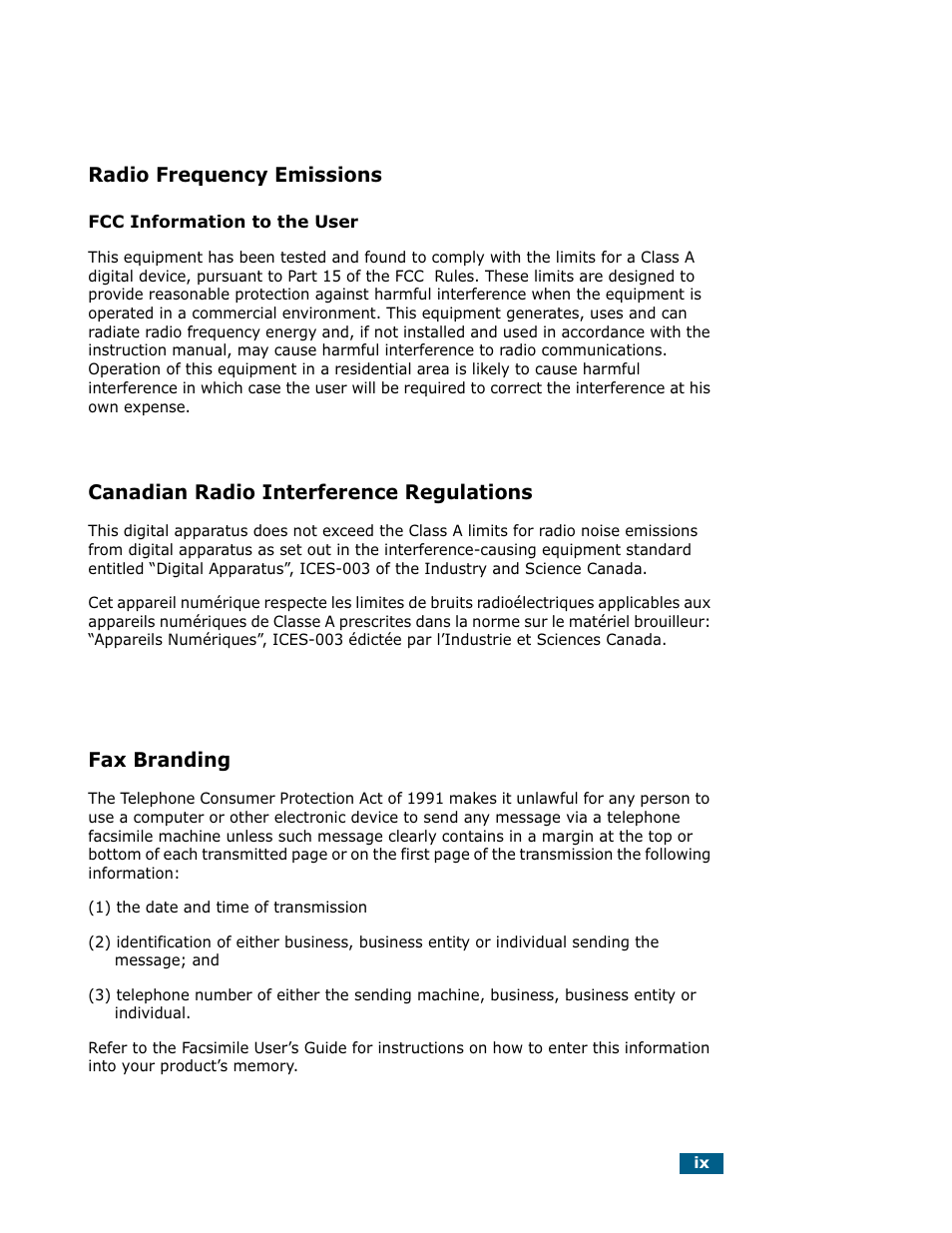 Radio frequency emissions, Canadian radio interference regulations, Fax branding | Samsung Msys SF-830 User Manual | Page 10 / 156