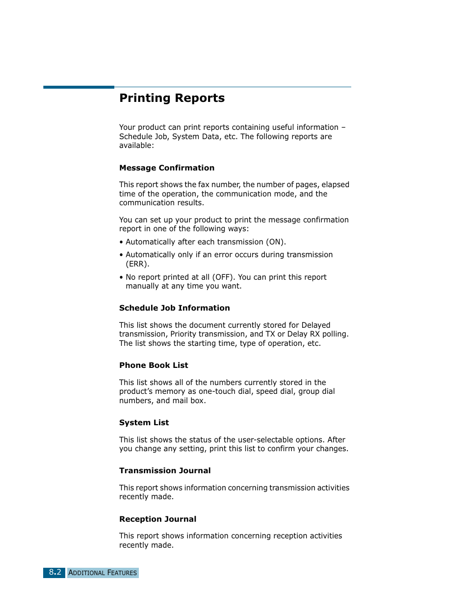 Printing reports | Samsung Msys SF-830 User Manual | Page 105 / 156