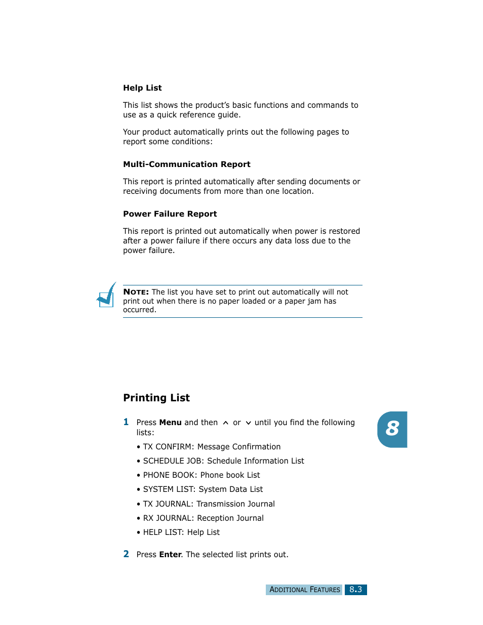 Printing list | Samsung Msys SF-830 User Manual | Page 106 / 156