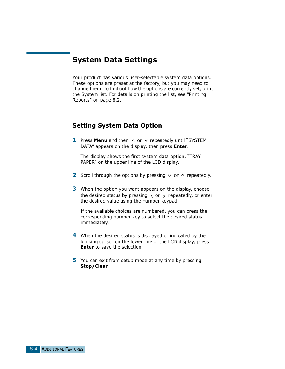 System data settings, Setting system data option | Samsung Msys SF-830 User Manual | Page 107 / 156