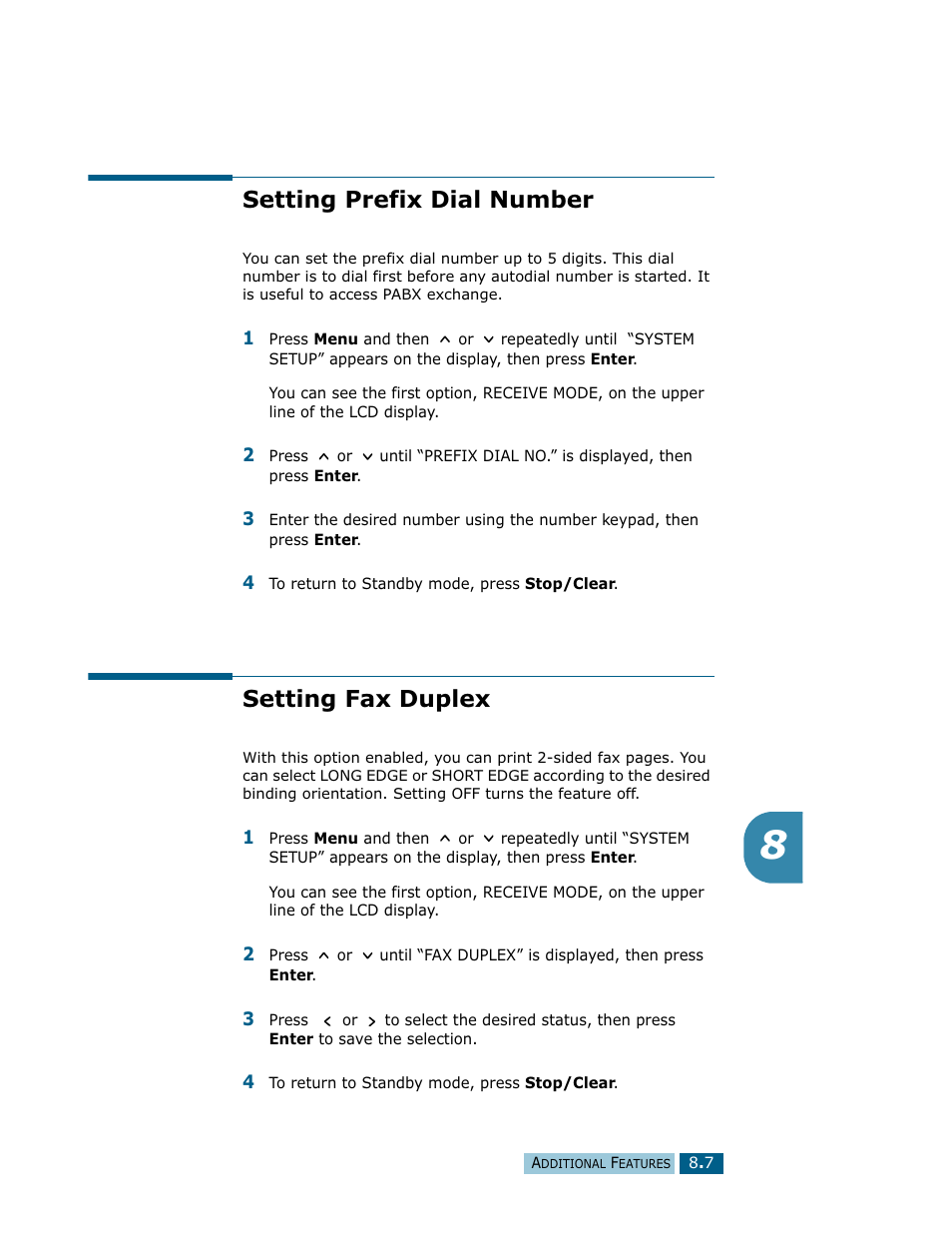 Setting prefix dial number, Setting fax duplex, Setting prefix dial number setting fax duplex | Samsung Msys SF-830 User Manual | Page 110 / 156