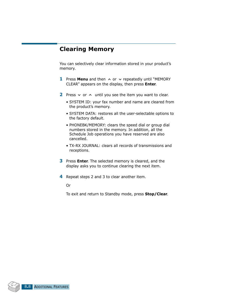 Clearing memory | Samsung Msys SF-830 User Manual | Page 111 / 156