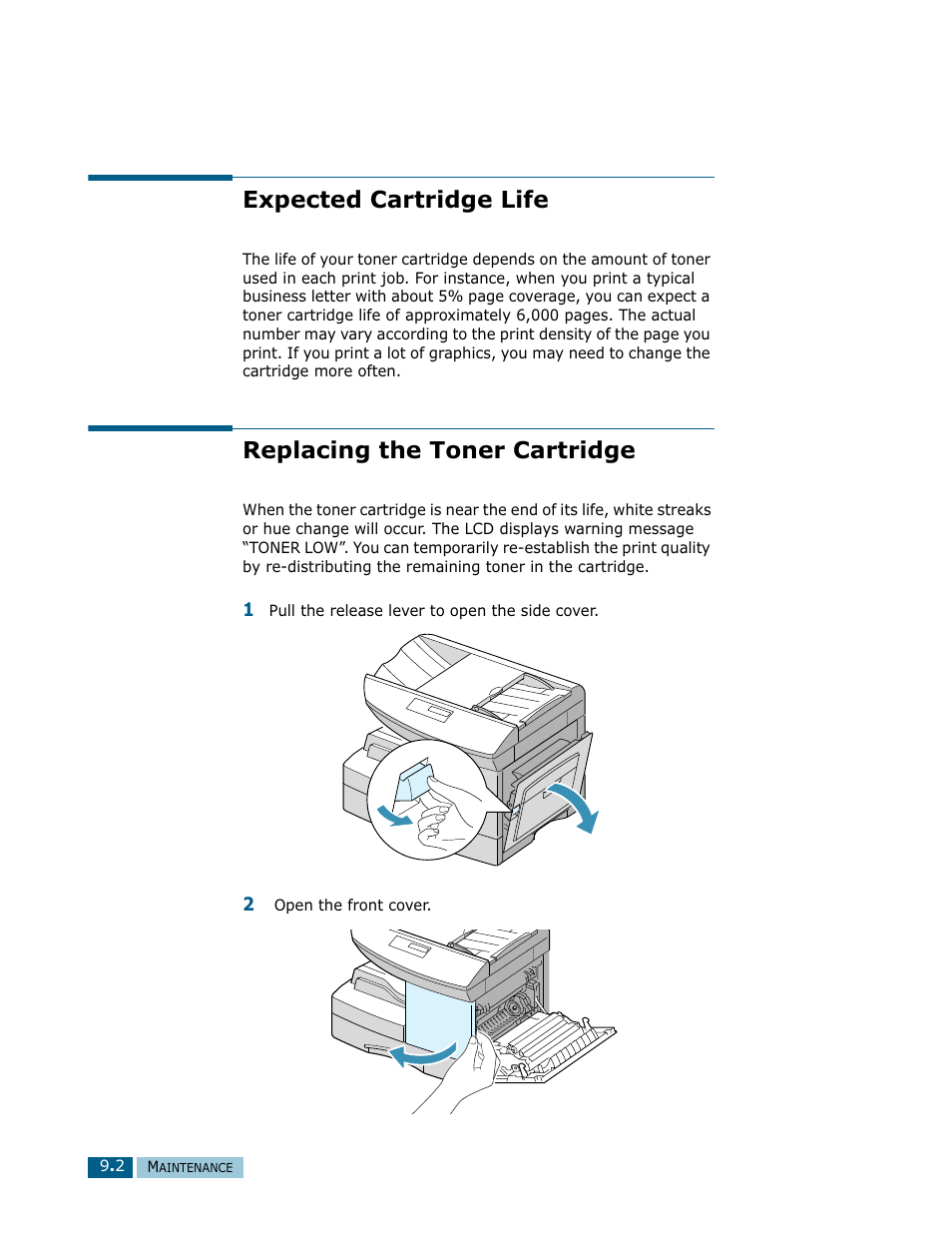 Expected cartridge life, Replacing the toner cartridge | Samsung Msys SF-830 User Manual | Page 113 / 156