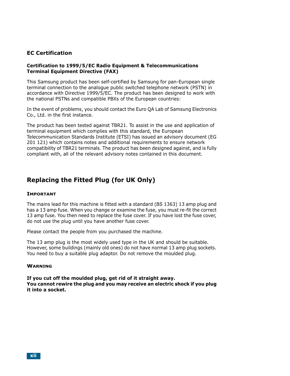 Replacing the fitted plug (for uk only) | Samsung Msys SF-830 User Manual | Page 13 / 156