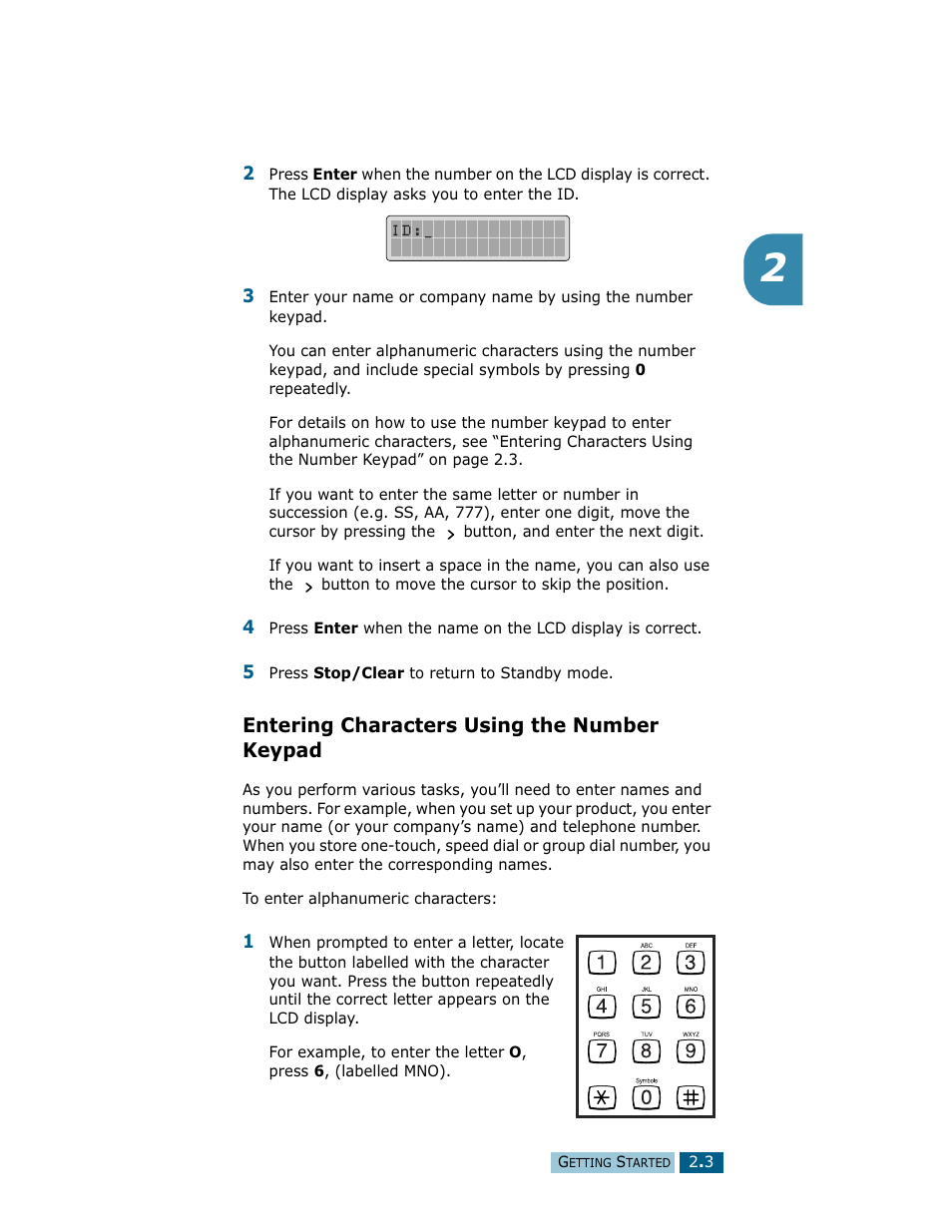 Entering characters using the number keypad | Samsung Msys SF-830 User Manual | Page 38 / 156