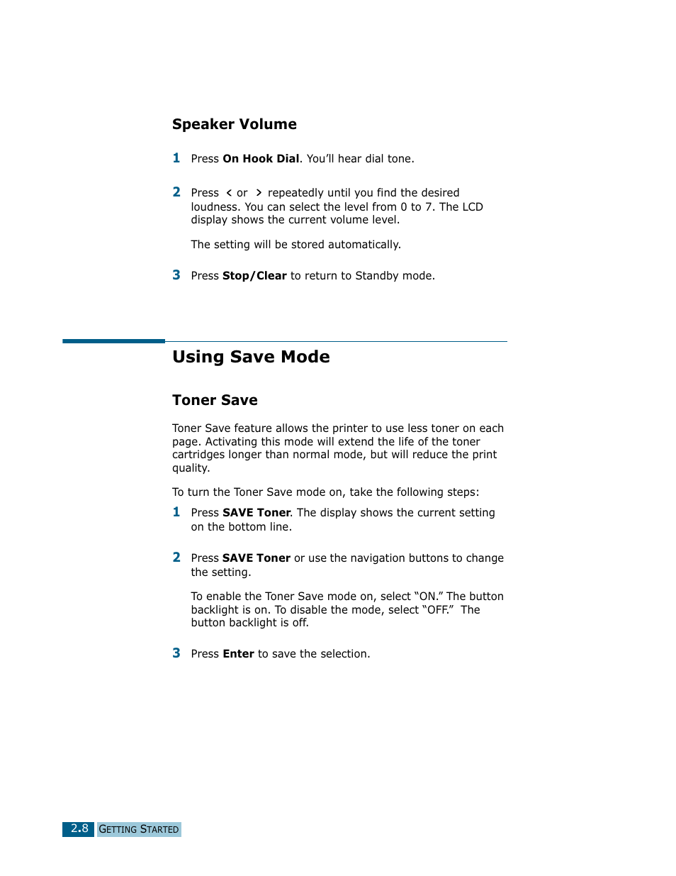 Speaker volume, Using save mode, Toner save | Samsung Msys SF-830 User Manual | Page 43 / 156