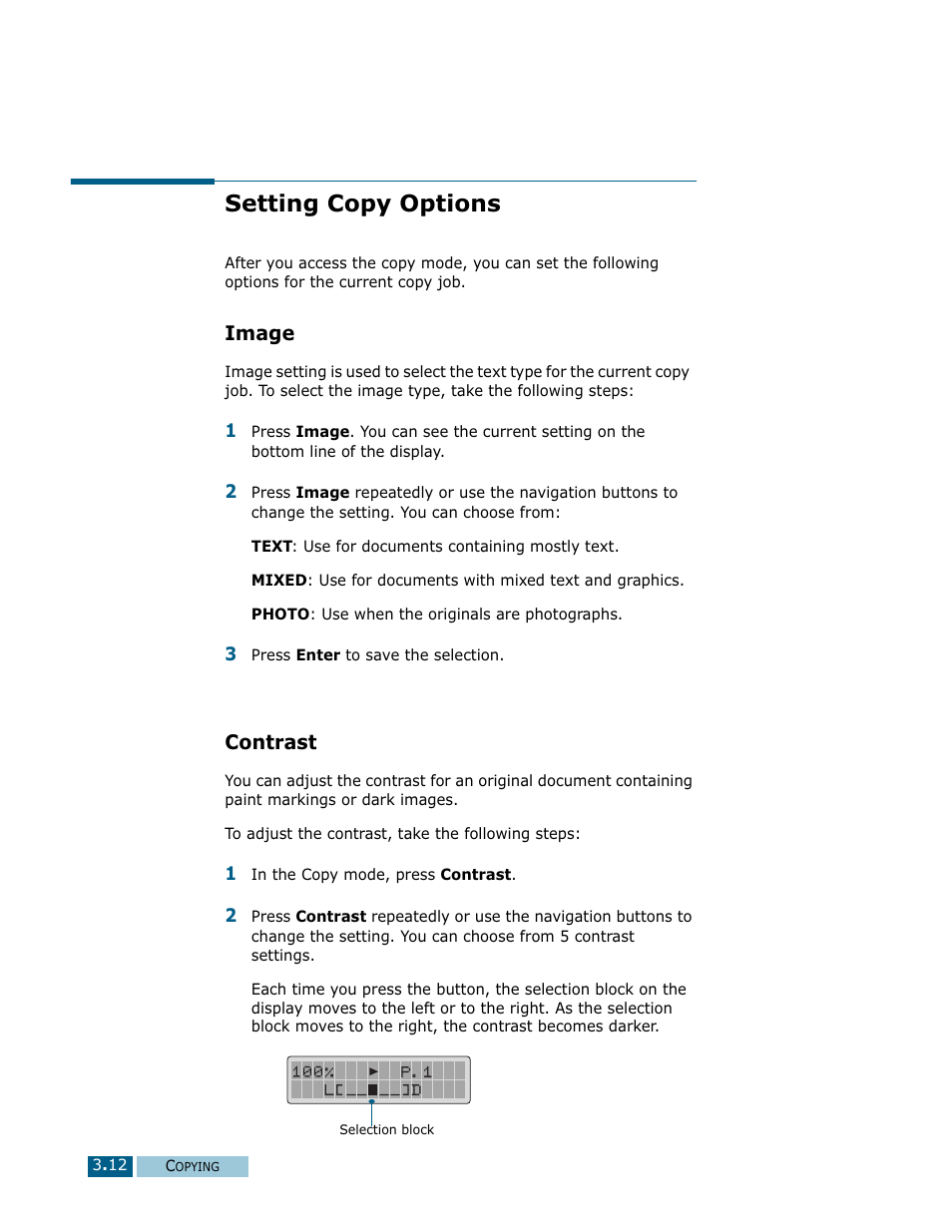 Setting copy options, Image, Contrast | Image contrast | Samsung Msys SF-830 User Manual | Page 57 / 156
