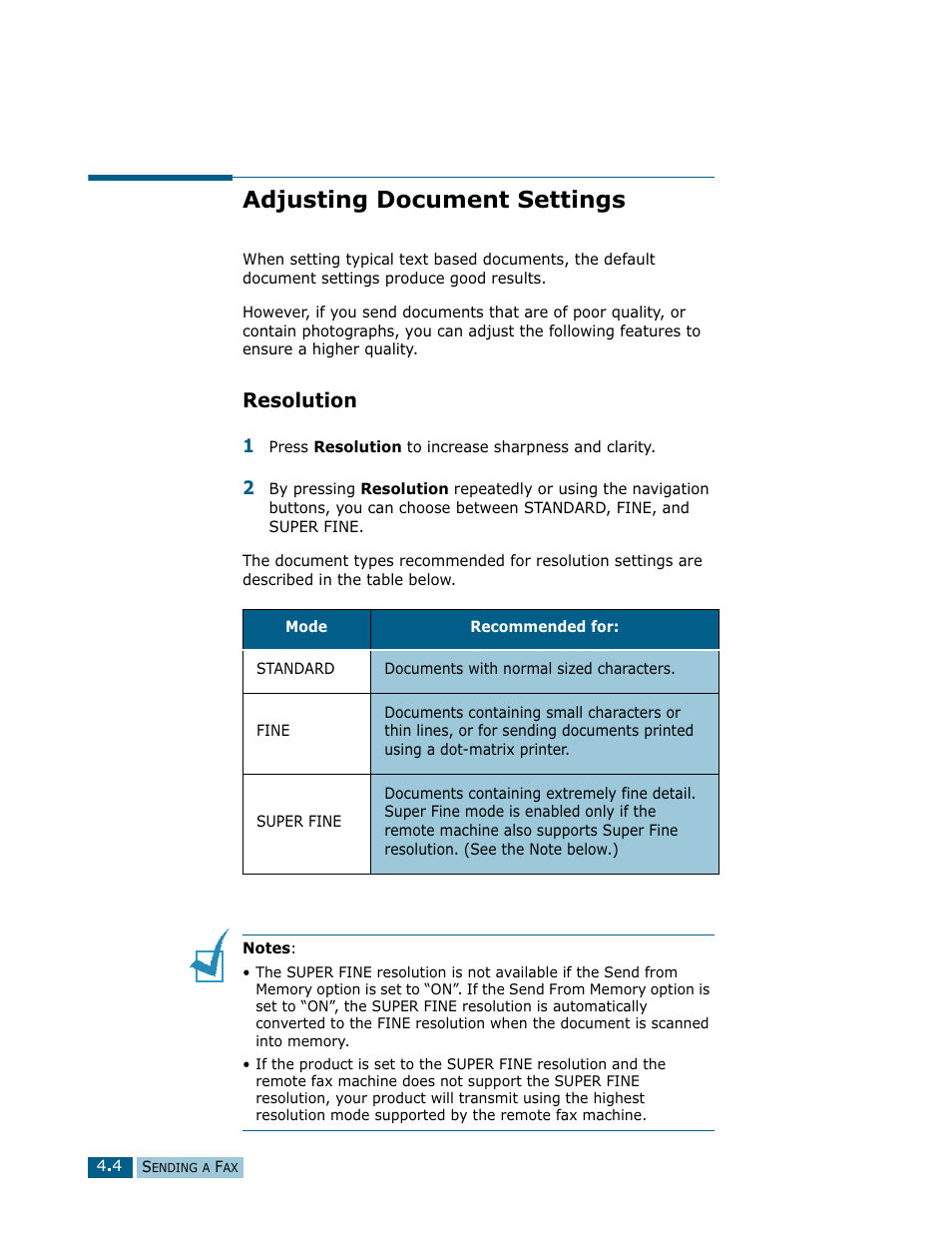 Adjusting document settings, Resolution | Samsung Msys SF-830 User Manual | Page 65 / 156