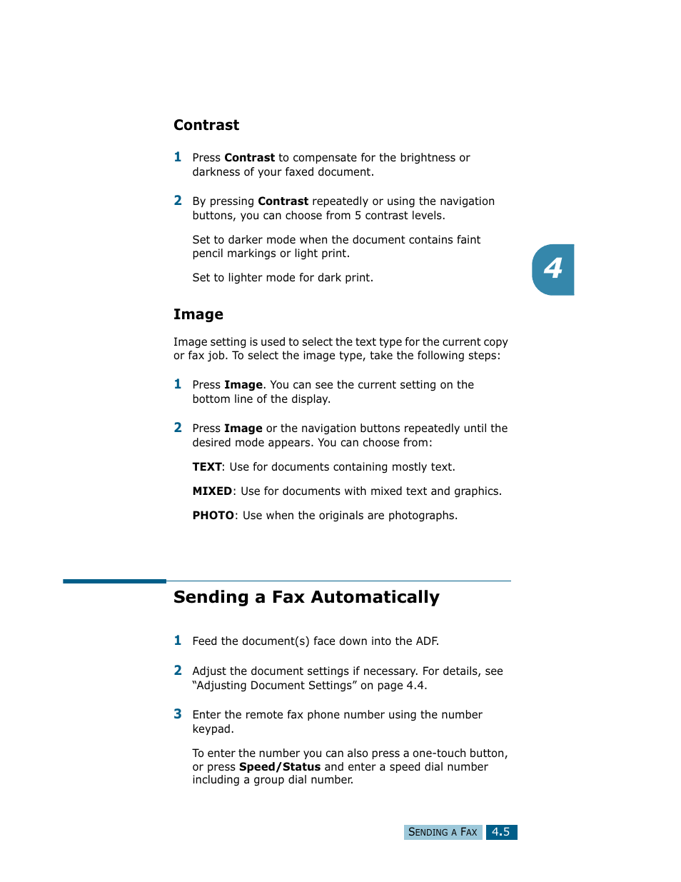 Contrast, Image, Sending a fax automatically | Contrast image | Samsung Msys SF-830 User Manual | Page 66 / 156