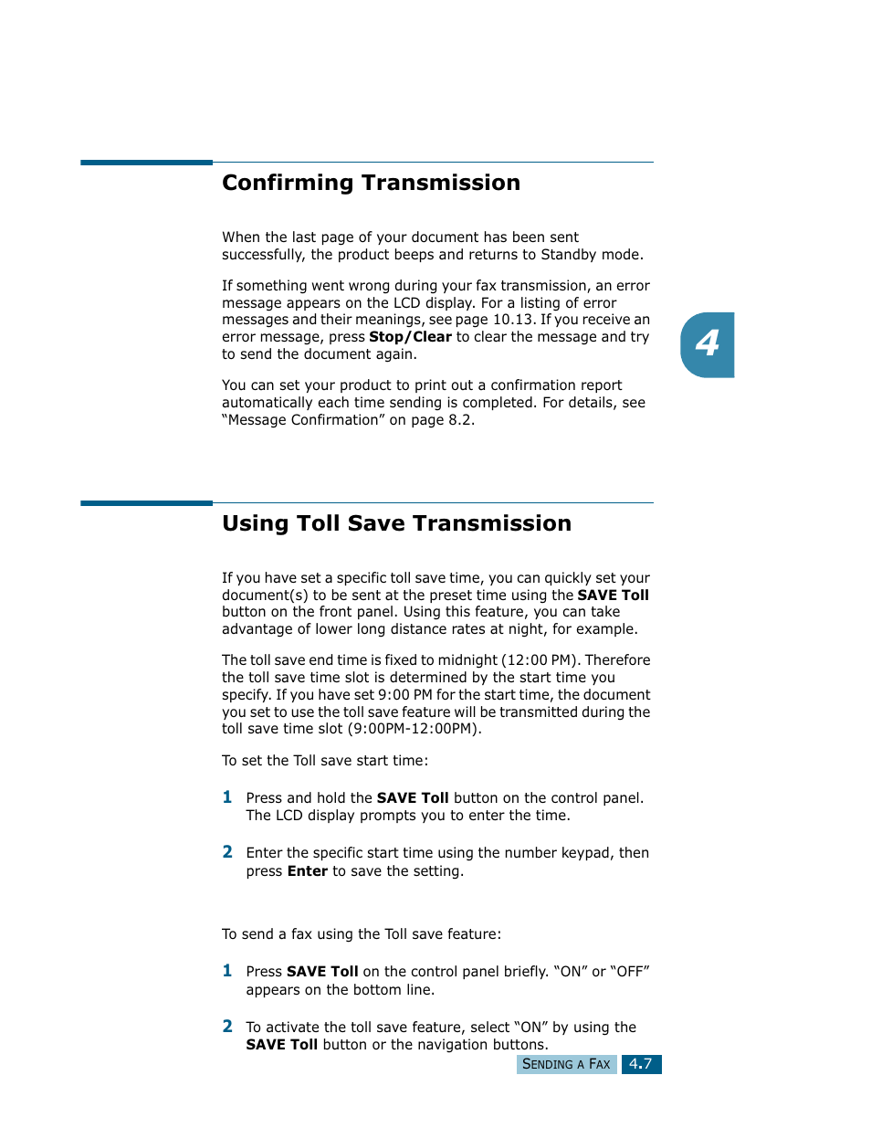 Confirming transmission, Using toll save transmission | Samsung Msys SF-830 User Manual | Page 68 / 156