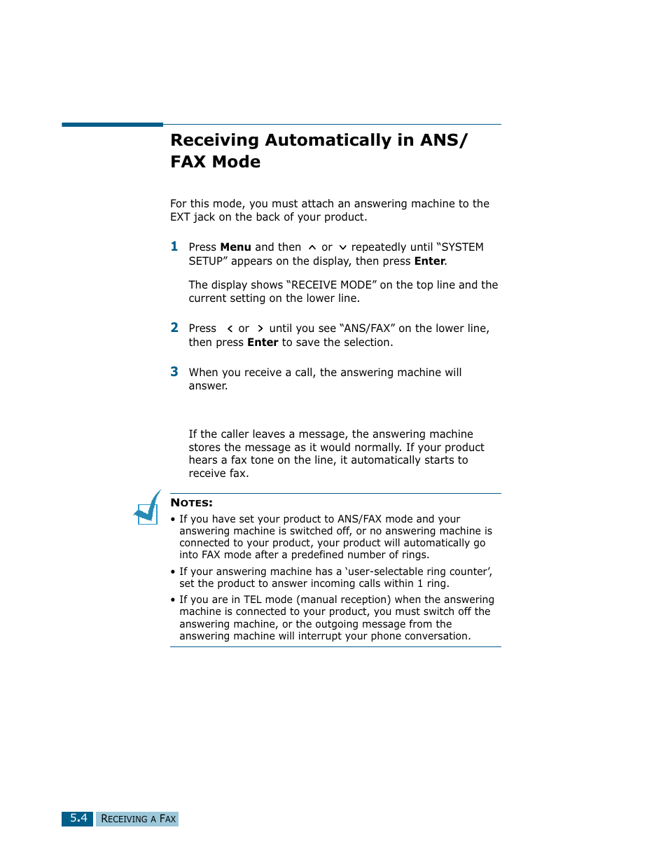 Receiving automatically in ans/ fax mode, Receiving automatically in ans/fax mode | Samsung Msys SF-830 User Manual | Page 73 / 156