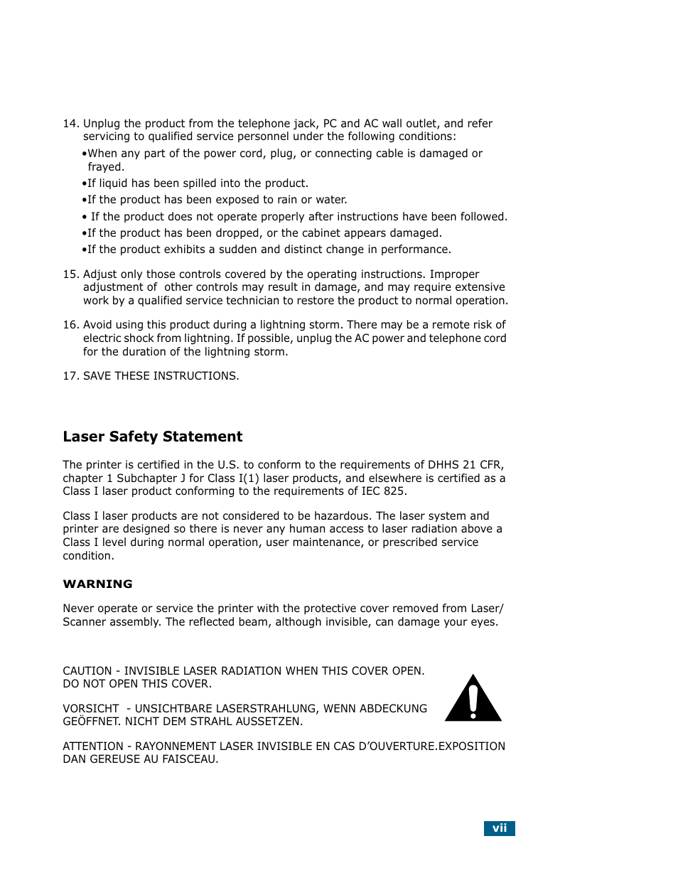 Laser safety statement | Samsung Msys SF-830 User Manual | Page 8 / 156