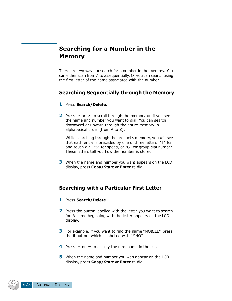 Searching for a number in the memory, Searching sequentially through the memory, Searching with a particular first letter | Samsung Msys SF-830 User Manual | Page 85 / 156