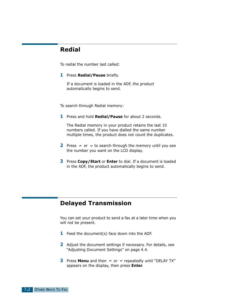 Redial, Delayed transmission, Redial delayed transmission | Samsung Msys SF-830 User Manual | Page 87 / 156