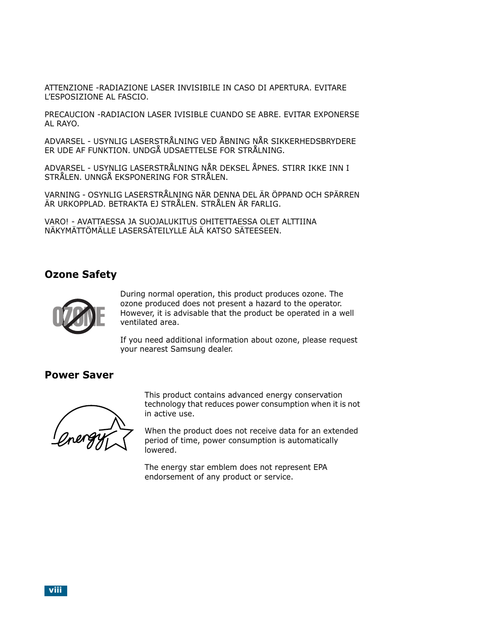 Ozone safety, Power saver | Samsung Msys SF-830 User Manual | Page 9 / 156