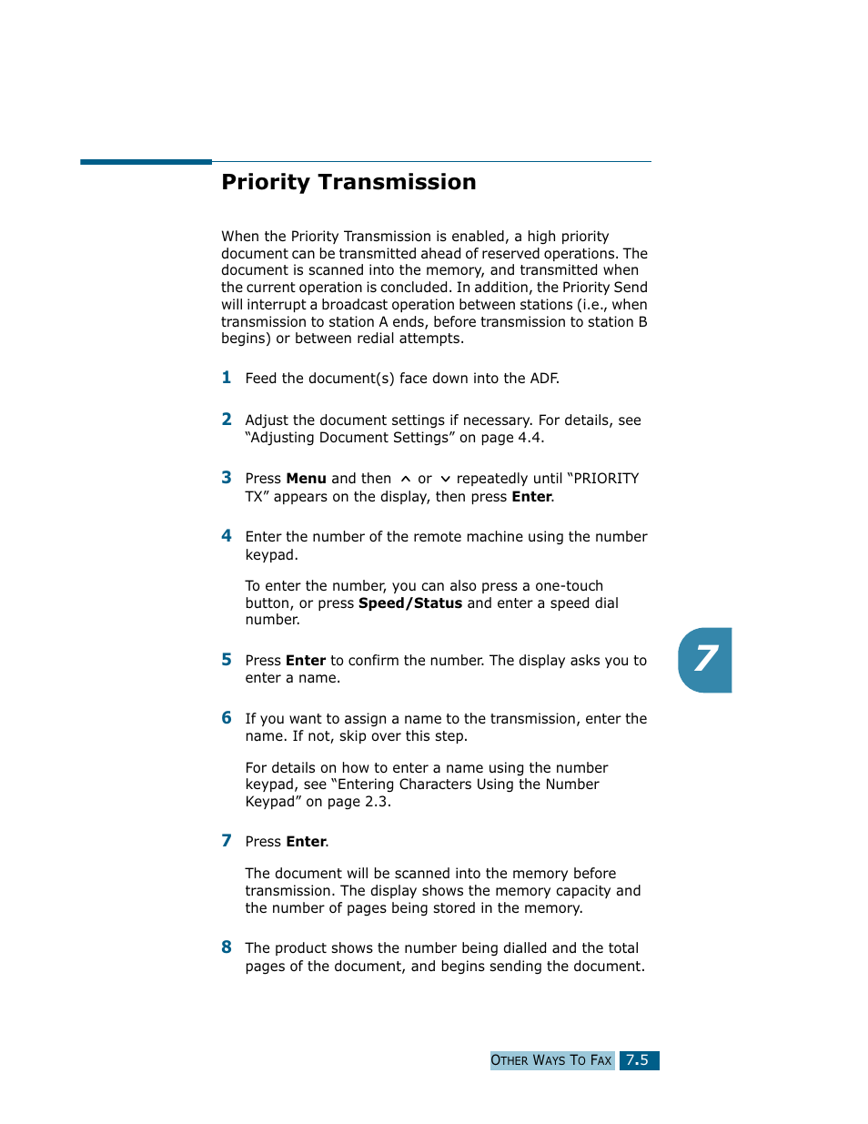 Priority transmission | Samsung Msys SF-830 User Manual | Page 90 / 156