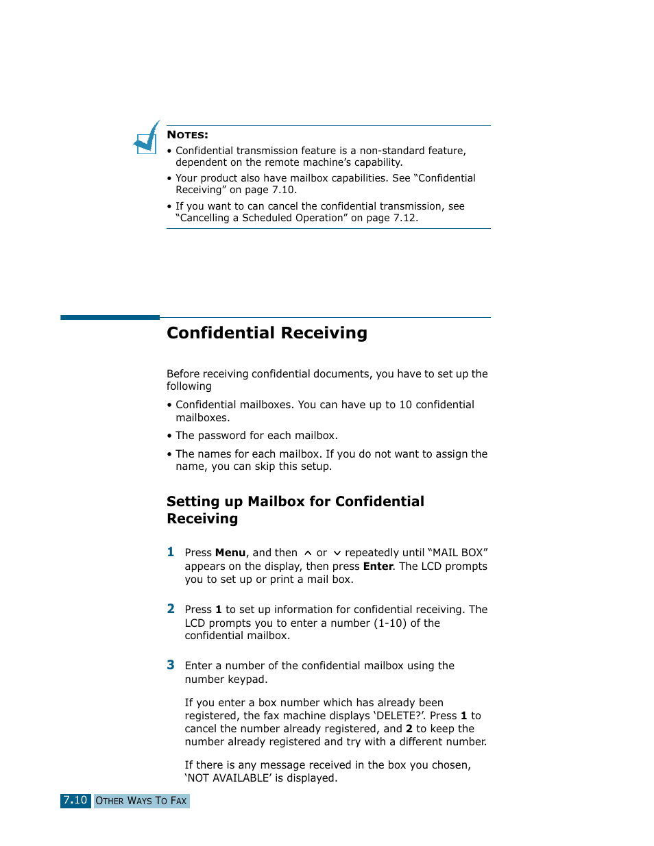Confidential receiving, Setting up mailbox for confidential receiving | Samsung Msys SF-830 User Manual | Page 95 / 156