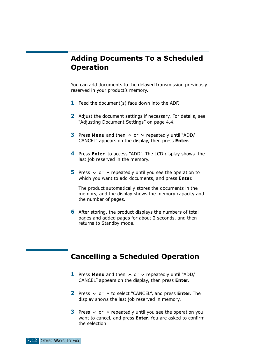 Adding documents to a scheduled operation, Cancelling a scheduled operation | Samsung Msys SF-830 User Manual | Page 97 / 156