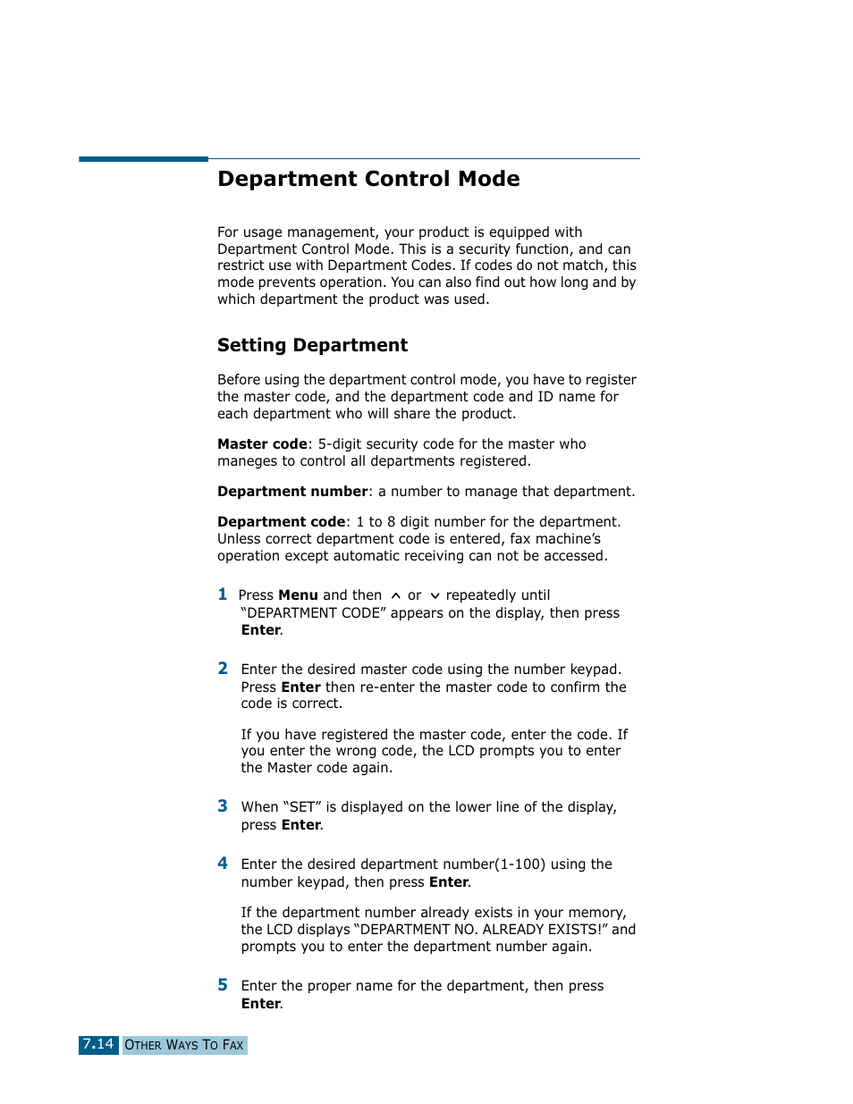 Department control mode, Setting department | Samsung Msys SF-830 User Manual | Page 99 / 156