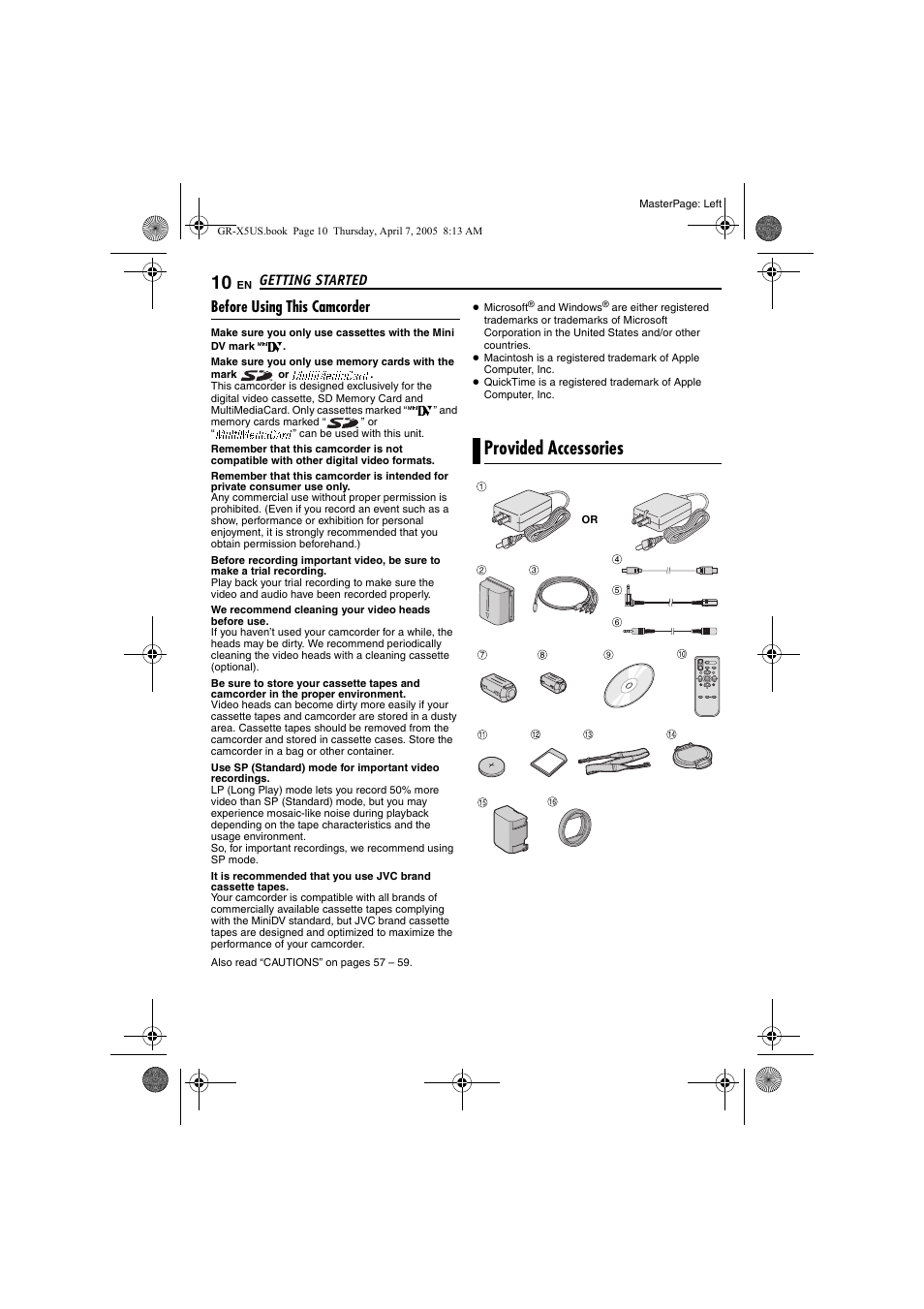 Before using this camcorder, Provided accessories, Getting started | JVC GR-X5U User Manual | Page 10 / 64