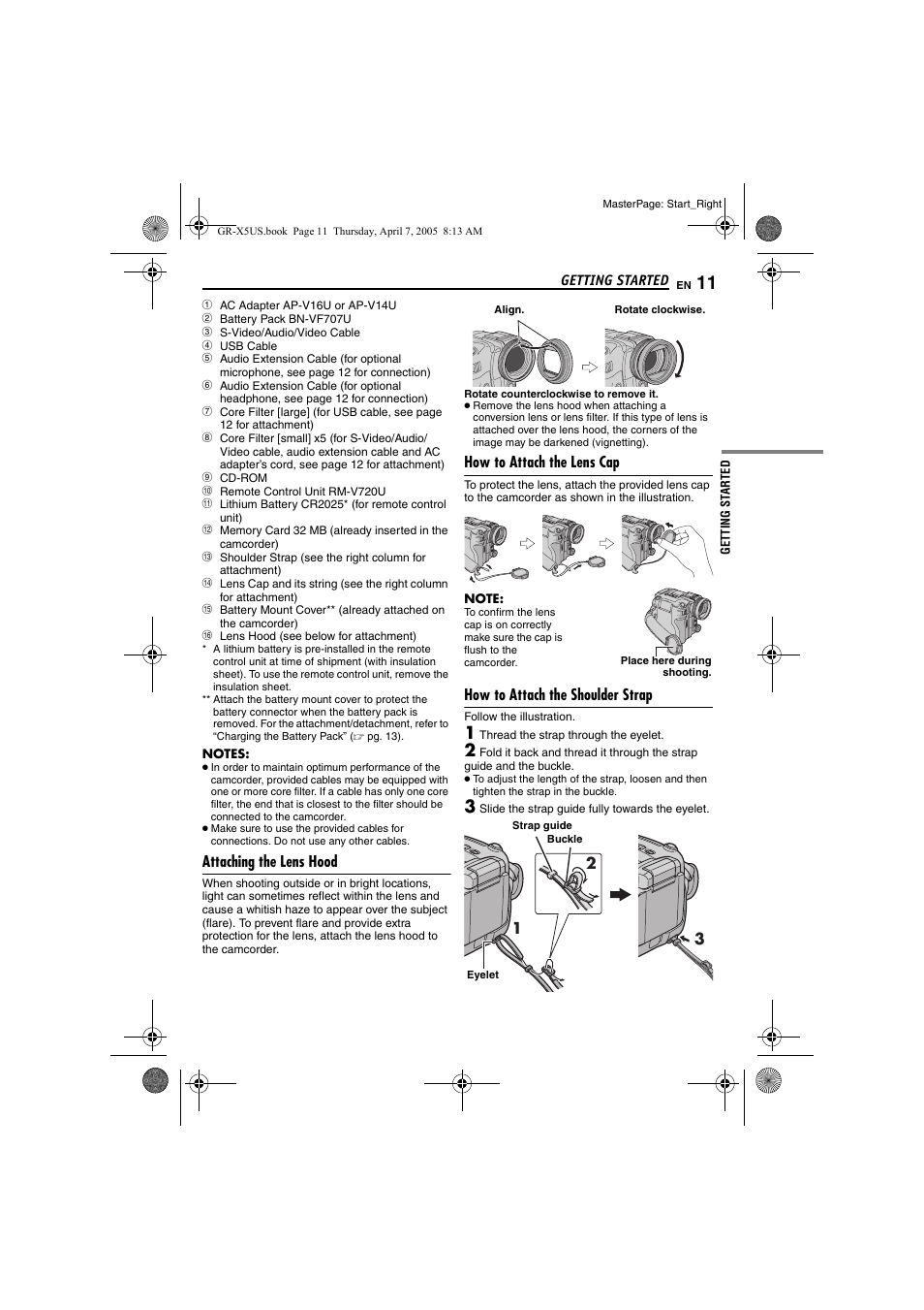 Attaching the lens hood, How to attach the lens cap, How to attach the shoulder strap | Pg. 11) | JVC GR-X5U User Manual | Page 11 / 64