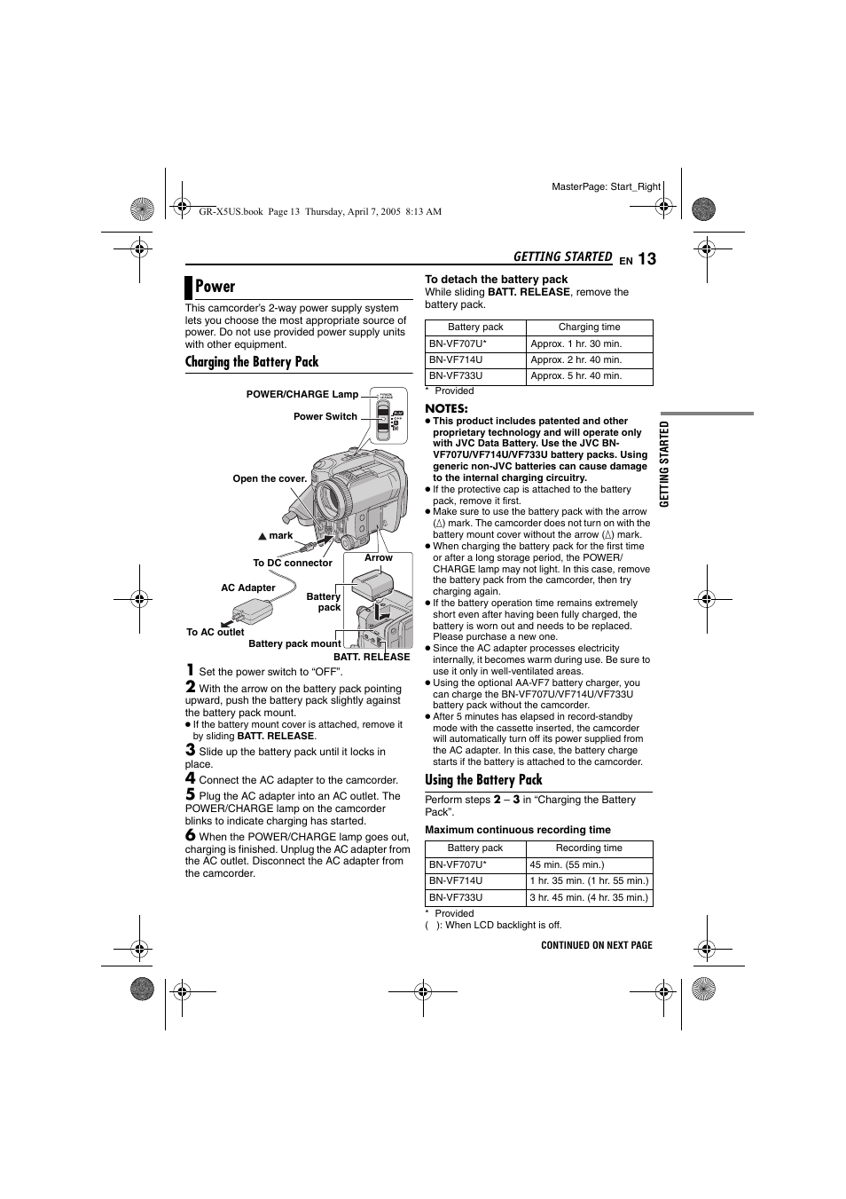 Power, Charging the battery pack, Using the battery pack | Pg. 13), R [dc, Pg. 13, 18 | JVC GR-X5U User Manual | Page 13 / 64