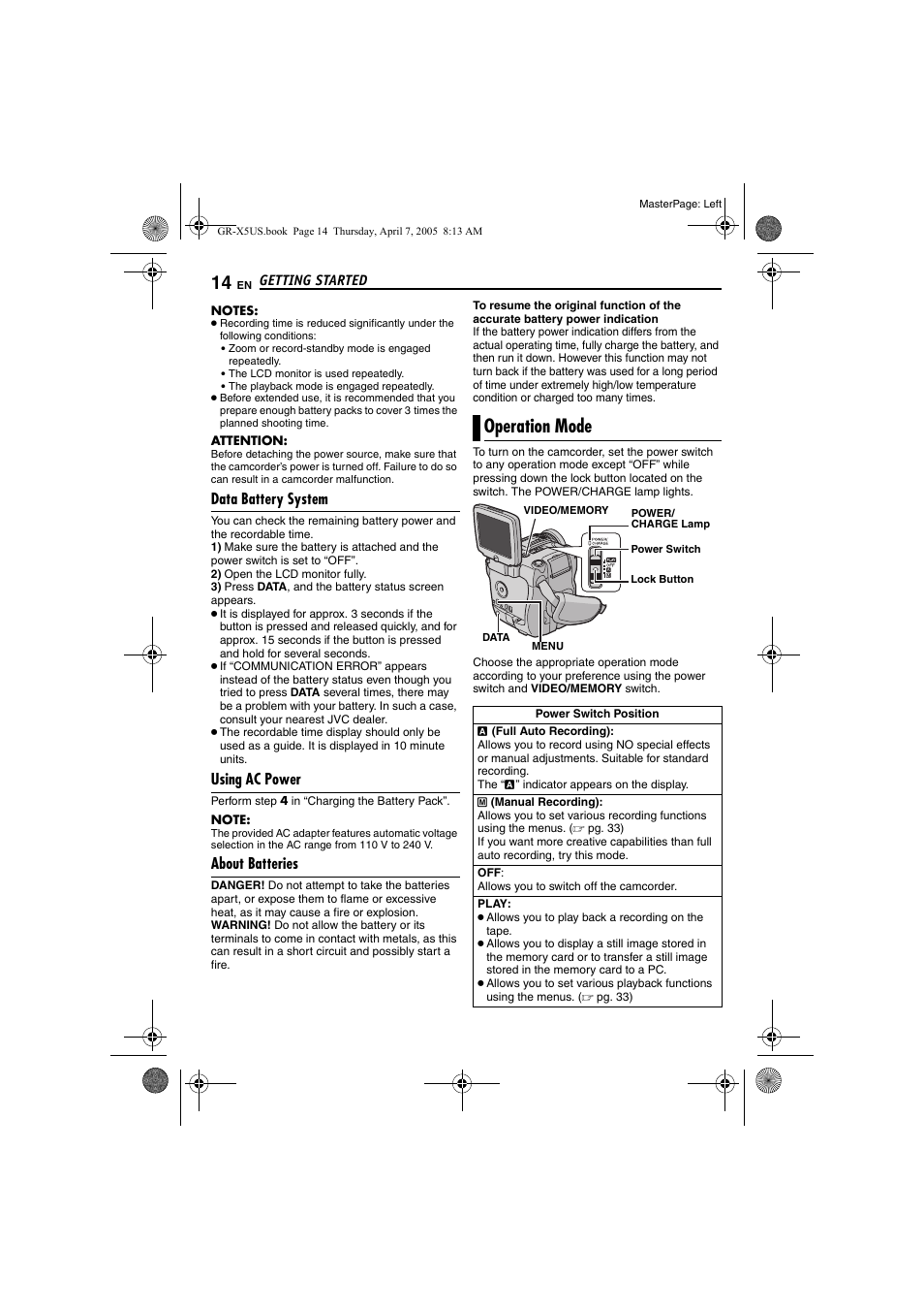 Data battery system, Using ac power, About batteries | Operation mode, Tton, Pg. 14) | JVC GR-X5U User Manual | Page 14 / 64