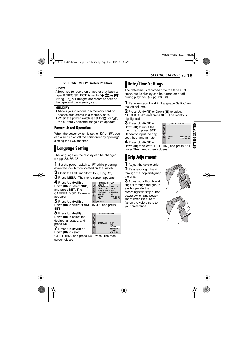 Power-linked operation, Language setting, Date/time settings | Grip adjustment, 15 date/time settings, 15 grip adjustment, Pg. 15), Time, Pg. 15, 3, Date/time settings grip adjustment | JVC GR-X5U User Manual | Page 15 / 64