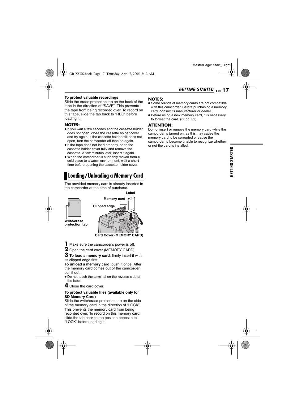 Loading/unloading a memory card, Pg. 17) | JVC GR-X5U User Manual | Page 17 / 64