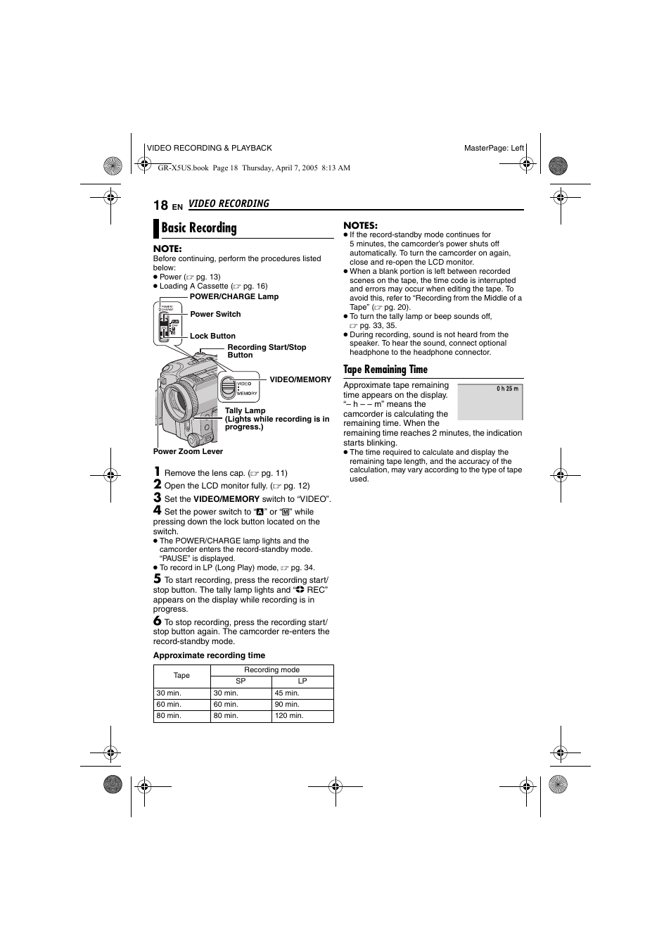 Video recording, Basic recording, Tape remaining time | Video recording & playback, Pg. 18) | JVC GR-X5U User Manual | Page 18 / 64