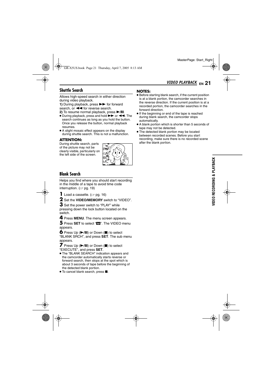 Shuttle search, Blank search, 21 blank search | Pg. 21), Pg. 21) to | JVC GR-X5U User Manual | Page 21 / 64