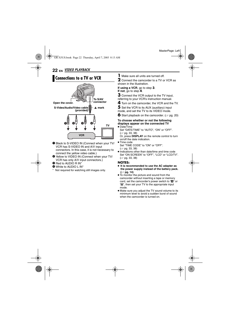 Connections to a tv or vcr, Pg. 22, 46), Pg. 22) | JVC GR-X5U User Manual | Page 22 / 64