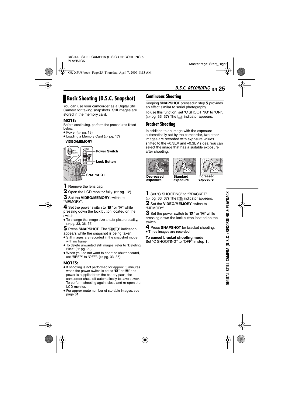 D.s.c. recording, Basic shooting (d.s.c. snapshot), Continuous shooting | Bracket shooting, Digital still camera (d.s.c.) recording & playback, 25 bracket shooting, Pg. 25, 3, Pg. 25), Pg. 25 | JVC GR-X5U User Manual | Page 25 / 64