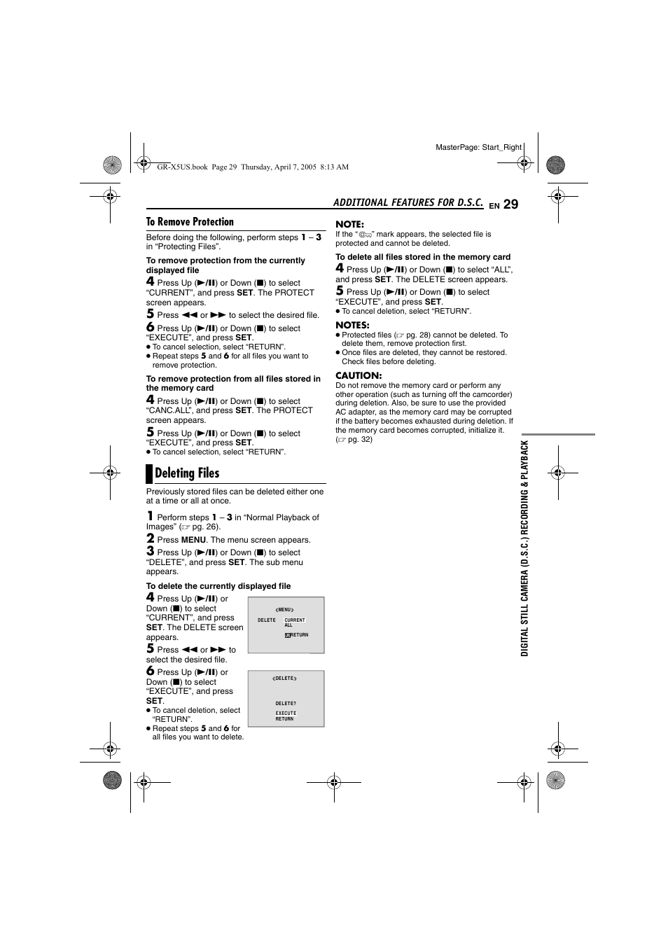 To remove protection, Deleting files, R to “deleting | Files, Pg. 29) | JVC GR-X5U User Manual | Page 29 / 64
