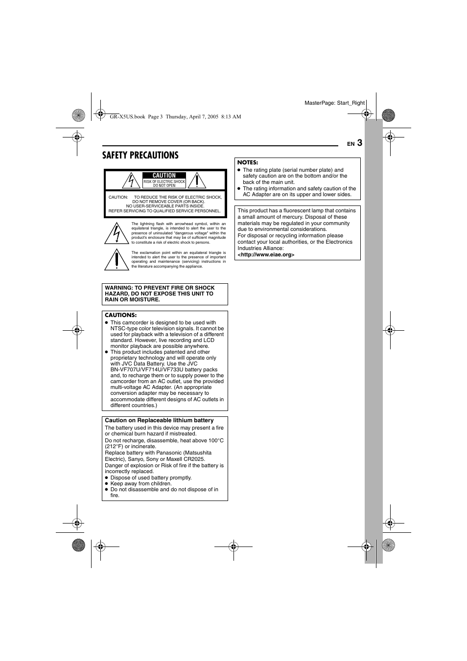Safety precautions | JVC GR-X5U User Manual | Page 3 / 64