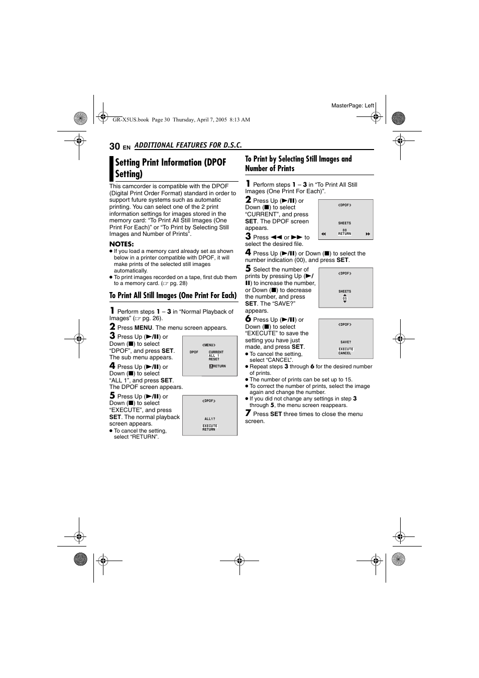 Setting print information (dpof setting), To print all still images (one print for each), Additional features for d.s.c | JVC GR-X5U User Manual | Page 30 / 64