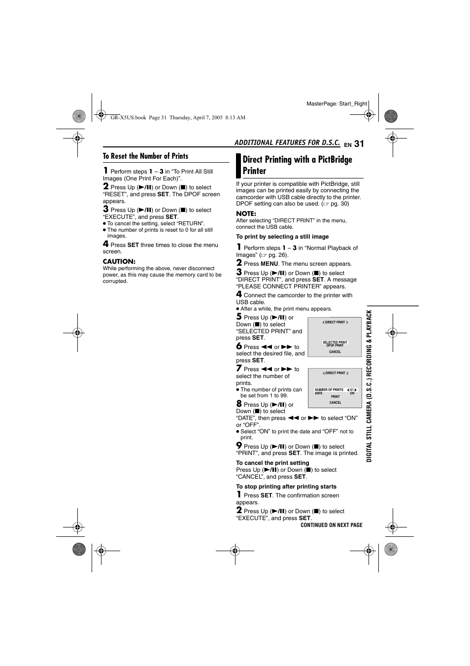To reset the number of prints, Direct printing with a pictbridge printer, Pg. 31) | JVC GR-X5U User Manual | Page 31 / 64