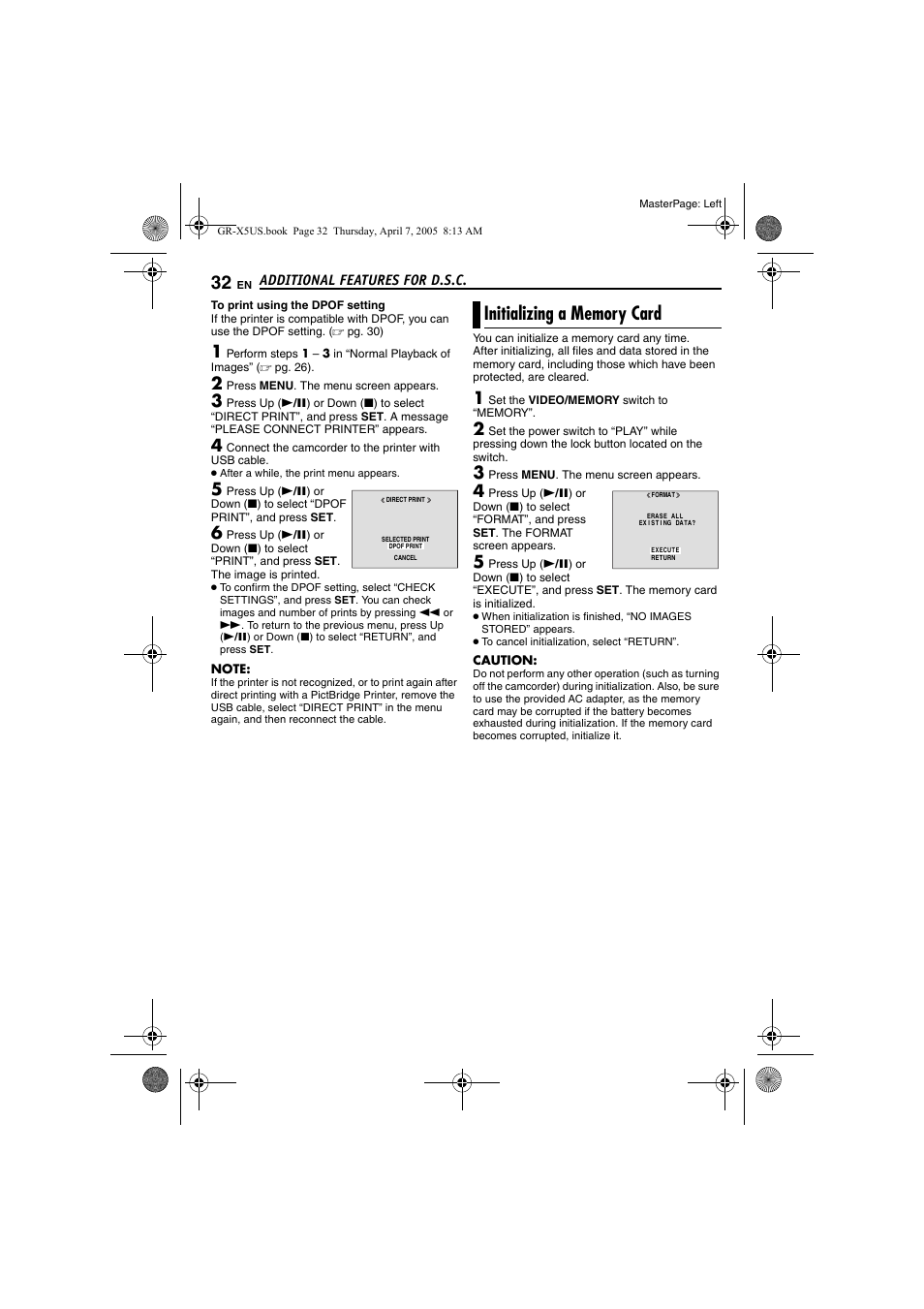 Initializing a memory card, Pg. 32) | JVC GR-X5U User Manual | Page 32 / 64