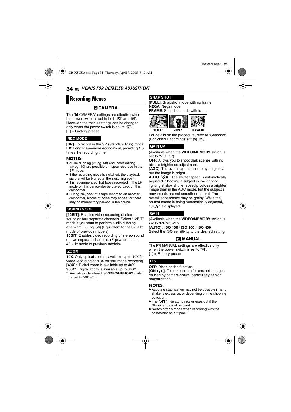 Recording menus, Pg. 34), Pg. 34 | JVC GR-X5U User Manual | Page 34 / 64