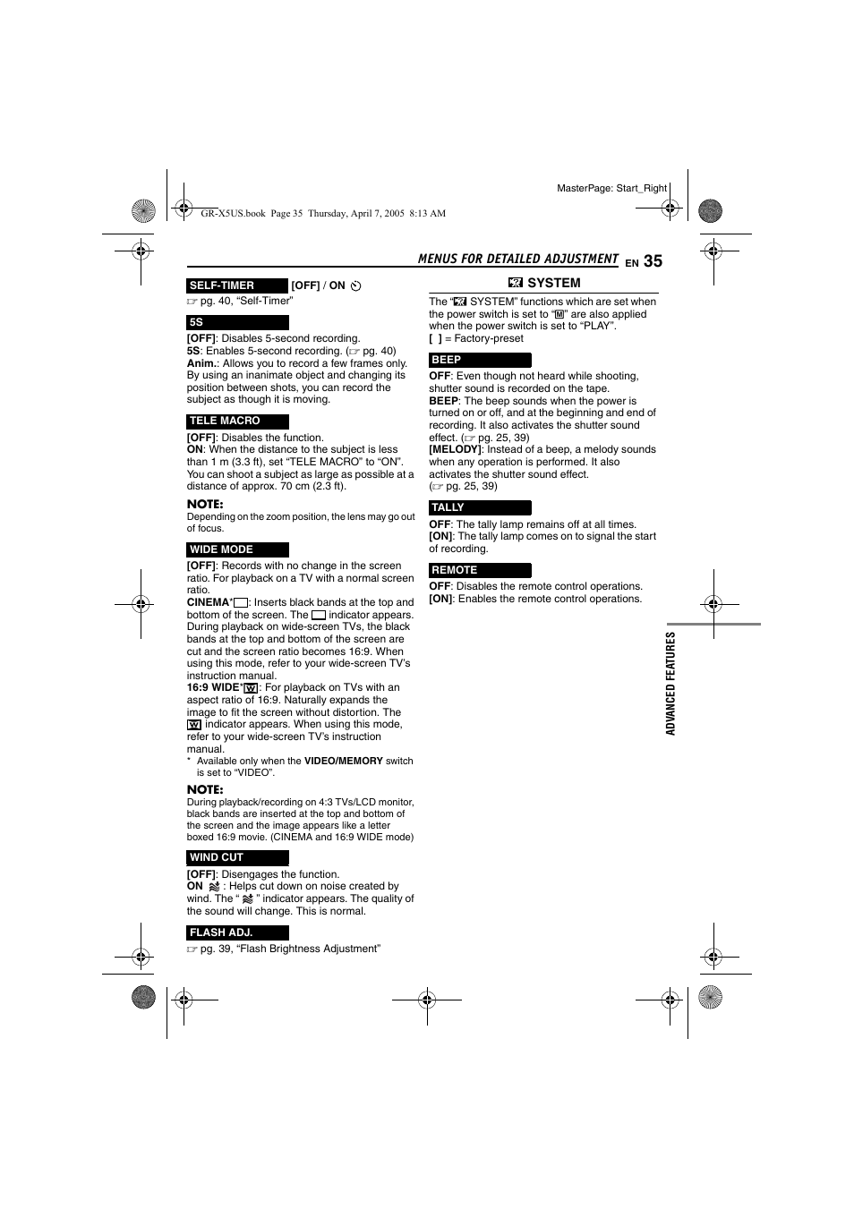 Pg. 35), Pg. 35, Pg. 35, “wide | Mode, Pg. 35, “wide mode”) | JVC GR-X5U User Manual | Page 35 / 64