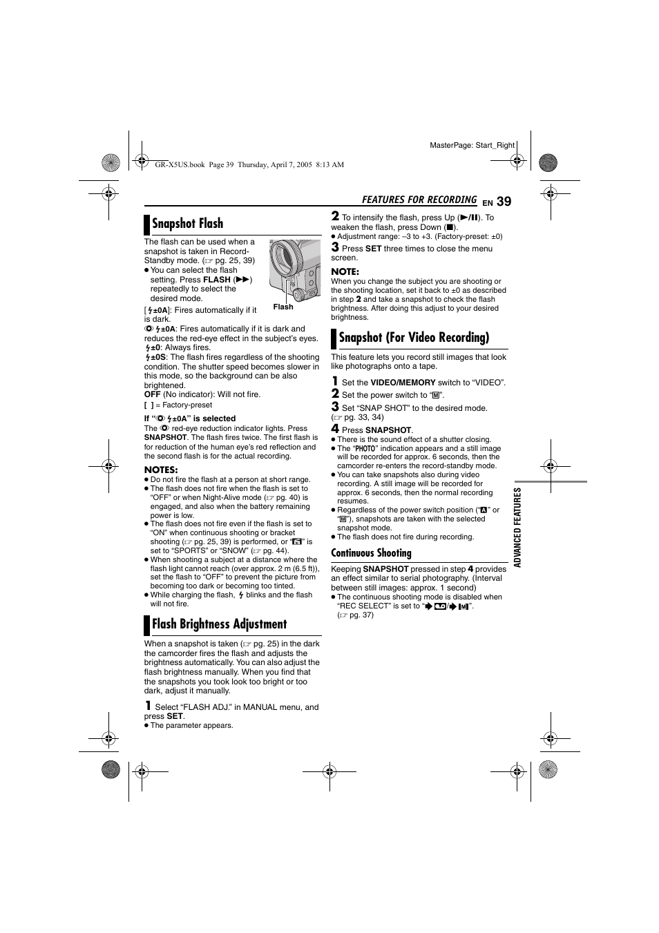 Features for recording, Snapshot flash, Flash brightness adjustment | Snapshot (for video recording), Continuous shooting, Pg. 39), 39 flash brightness adjustment, 39 snapshot (for video recording), Pg. 39, “flash brightness adjustment, Snapshot flash flash brightness adjustment | JVC GR-X5U User Manual | Page 39 / 64
